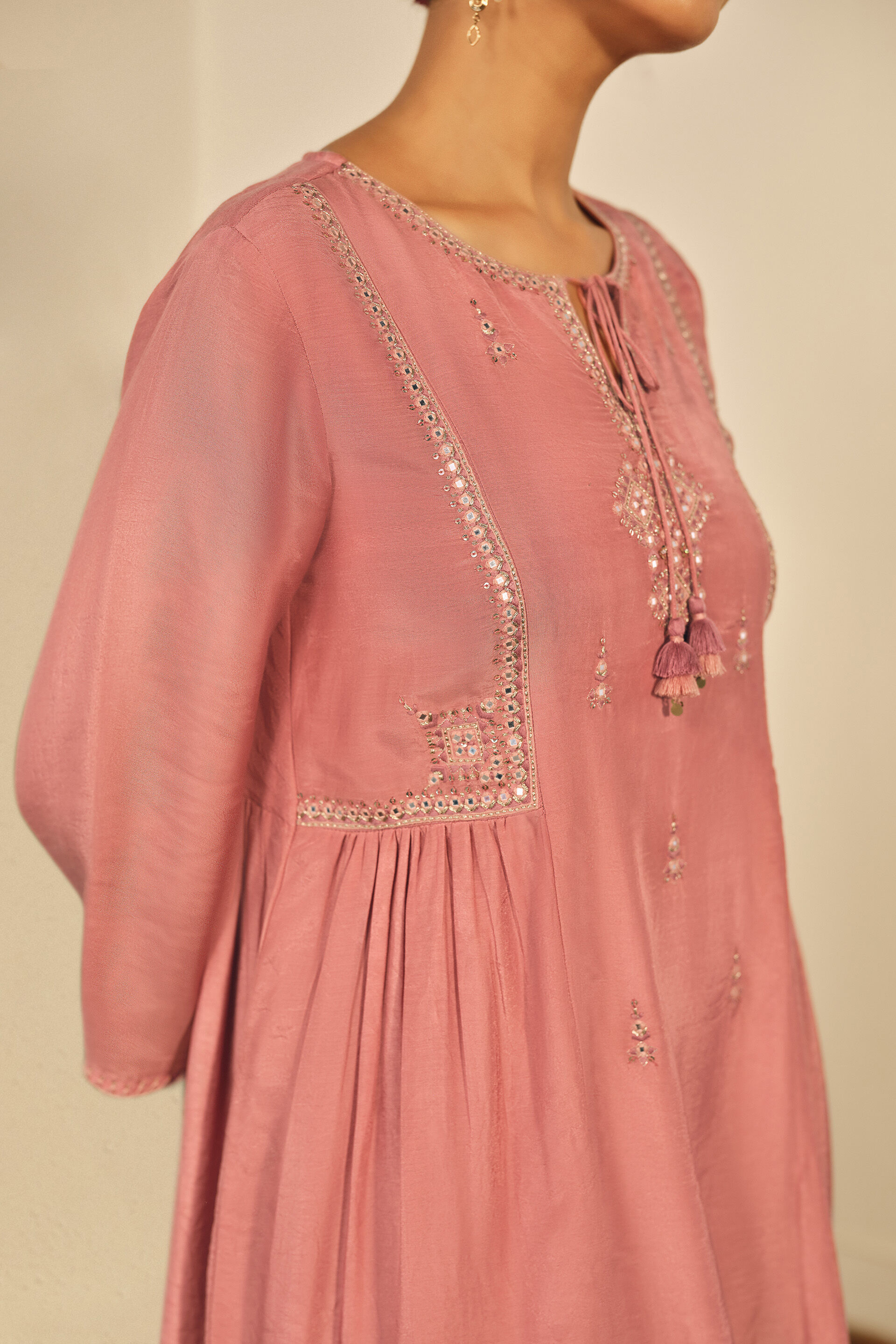 Embroidered A-line Kurta in Pink, Pink, image 2